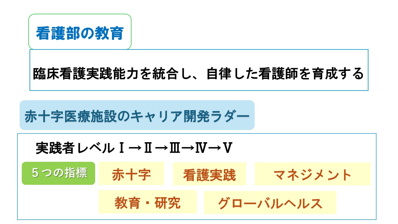 三原赤十字病院看護部の教育方針は臨床看護実践能力を統合し、自律した看護師を育成する
ことを目指します。
赤十字医療施設のキャリア開発ラダーとして、実践者レベルⅠからⅤに従って、赤十字・看護実践・マネジメント・教育と研究・グローバルヘルスを学んでいきます。


